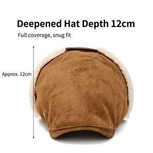 Brown suede winter beret with plush lining and 12cm deep ear protection cover