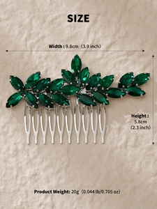 Detailed size specifications for bridal hair comb with green marquise stones and silver pins