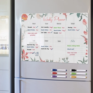 Macro view of magnetic acrylic weekly planner on fridge with eight colorful marker pens