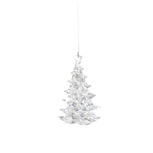 Clear acrylic Christmas tree ornament with glitter finish and silver hanging string