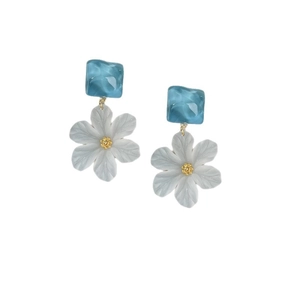 Elegant acrylic flower drop earrings featuring blue square tops and white petals