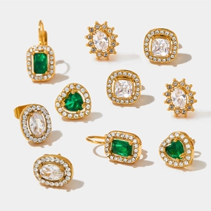 Luxurious gold-plated emerald stud earrings set with sparkling zircon in geometric shapes