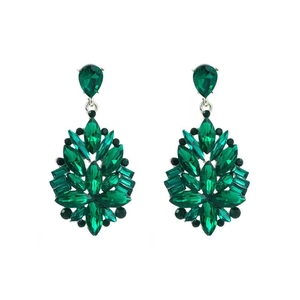 Elegant emerald green crystal drop earrings with teardrop floral design in silver alloy