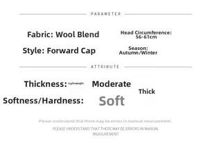 Detailed chart showing wool blend newsboy cap specifications and 56-61cm head size guide