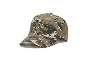 Close-up of pixelated digital camouflage pattern on cotton twill baseball cap
