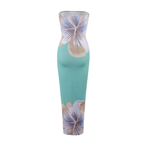 Close-up of teal floral strapless maxi dress with smooth stretch fabric and flower patterns