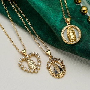 Virgin Mary Pendant Necklace Copper Gold Plated Heart Round Oval Zircon Artificial Pearl Religious Jewelry Women Elegant