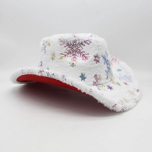 Detail of Christmas cowboy hat featuring white plush fabric and glitter snowflake patterns