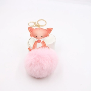 Süßer Lederfuchs Schlüsselanhänger mit rosa flauschigem Pompom und goldener Schließe