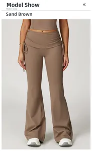 Detail view of high waist flared yoga pants with side drawstring and ruched waistband