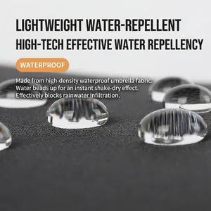 Waterproof black high-density fabric showing spherical water droplets on umbrella surface