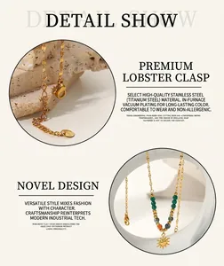 Detail of 18K gold plated sun pendant necklace with colorful beads and lobster clasp