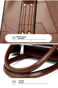 Close-up of brown leather bag showing stitching, silver rivets and sturdy handles