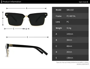Detailed view of women's square semi-rimless sunglasses with PC metal frames and dimensions
