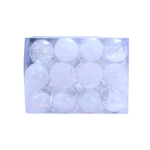 Set of 12 assorted white Christmas baubles with sequins and feathers in a clear box