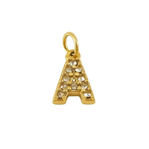 Classic gold letter A pendant featuring small sparkling crystals on a white background