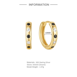 Detail of 10mm S925 sterling silver gold hoop earrings with black and white AAA zircon stones