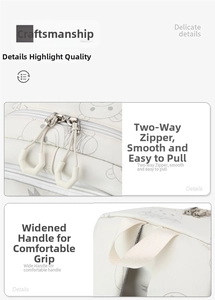 Detail view of the two-way metal zipper and reinforced wide handle on a white cartoon bag