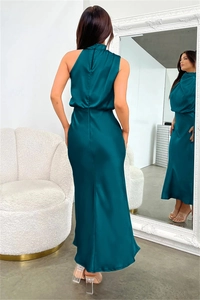 Detailed mirror view of teal satin sleeveless evening dress with high sheen finish