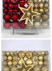 Detail view of 101-pack red and gold Christmas ball ornaments with star topper in PVC box