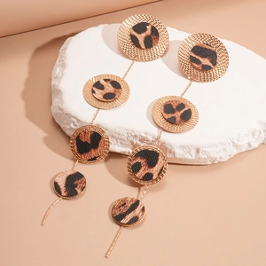 Long leopard print geometric circle drop earrings with gold textured metal frames