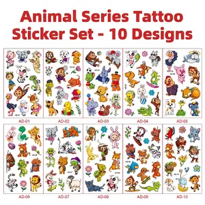 Flat lay of 10 cartoon animal temporary tattoo sheets with dinosaurs and koalas