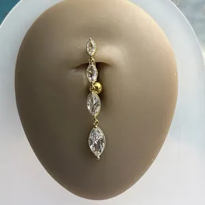 Golden stainless steel belly ring featuring four marquise-cut marquise-cut clear zircons