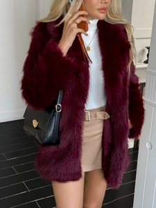 Elegant wine red faux fur coat for women with a midi length and plush fluffy texture