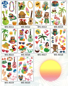 Détails de 10 planches de tatouages éphémères hawaïens avec motifs tiki et flamants roses