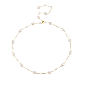 Elegant gold chain necklace with white irregular pearls and a secure golden clasp