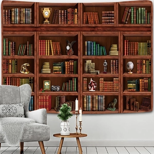 Detail view of the retro library bookshelf tapestry with 3D effect in a cozy home study
