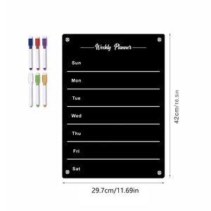 Black magnetic acrylic weekly planner for fridge with 6 colored dry erase markers