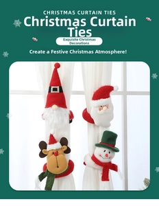 Close-up of four festive Christmas curtain ties featuring Santa Claus, Gnome, Reindeer, and Snowman
