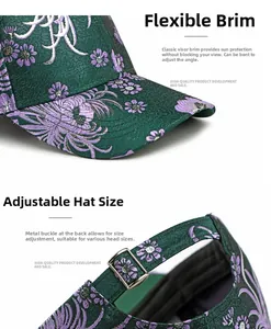 Detail view of ethnic floral embroidery and metal buckle on dark green baseball cap