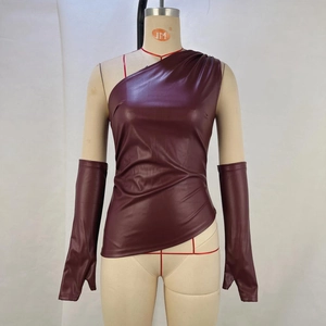 Detail of burgundy PU leather crop top with matching long fingerless gloves set