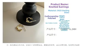 Detail view of polished S925 sterling silver knot stud earrings with size parameters