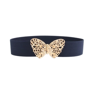 Elastic blue waist belt for dresses featuring a decorative golden butterfly buckle