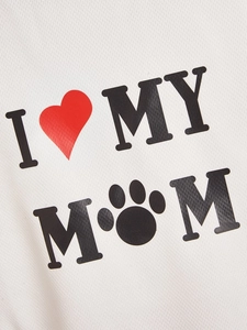 Detail of breathable mesh T-shirt with I Love My Mom print and paw pattern