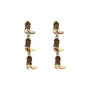 Golden boots-shaped long drop earrings with dark rhinestones in vertical row