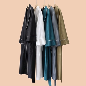 Striped Bathrobe Men Women Satiny Cool Sensation Shawl Collar Sleepwear Robe With Tie Waist Contrast Piping Breathable