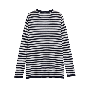 Back view of classic navy and white striped long sleeve knit sweater with round neck