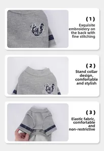 Detailansichten des grauen Haustierpullovers mit Pets RULE Stickerei und Karomuster-Bündchen