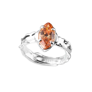 S925 sterling silver ring with textured wavy band and orange marquise-cut gemstone