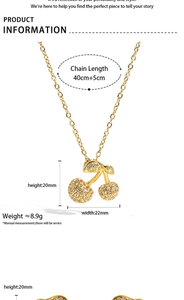Detailed view of gold cherry pendant necklace dimensions with cubic zirconia inlay
