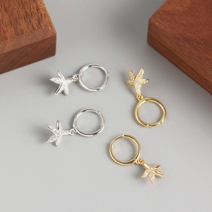 S925 sterling silver starfish hoop earrings with white crystals in gold and silver
