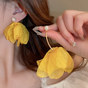 Elegant yellow lace flower drop earrings with white pearls and long dangle hooks