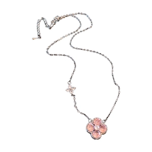 Silver clover necklace with pink zircon stones and adjustable lobster clasp closure