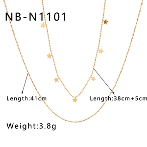 Detail of 18k gold plated double layer necklace with star pendants and size measurements