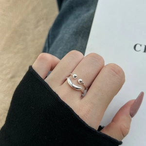 Minimalist S925 sterling silver double-layer open ring featuring a hollow smiley face design