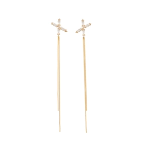 Boucles d'oreilles pendantes dorées avec clous en X en zircon et longues chaînes à franges